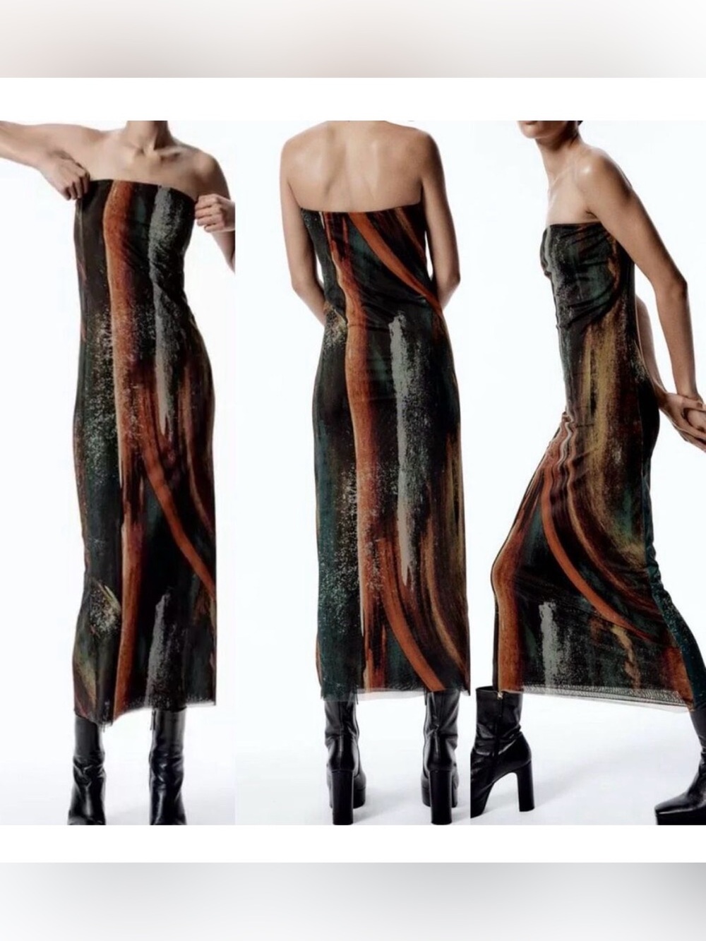 ZARA • Tulle Strapless Abstract-Print Midi Dress - Picture 12 of 12